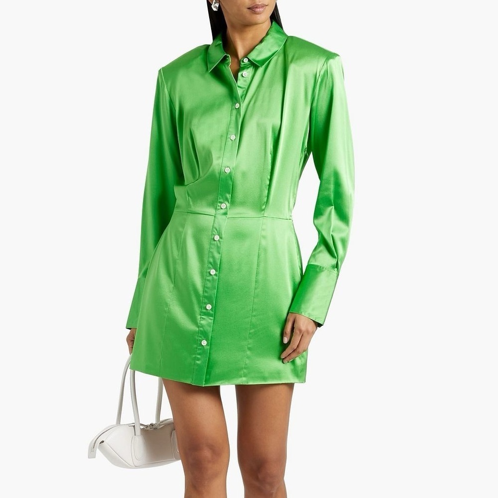 FRAME Kelly Green Silk Stretch Satin Strong Shoulder Mini Shirt Dress - Small
